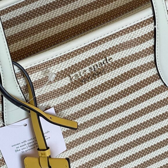 Kate Spade Market Stripe Medium Tote Beige Stripe Canvas Zip Shoulder Bag - Picture 10 of 10